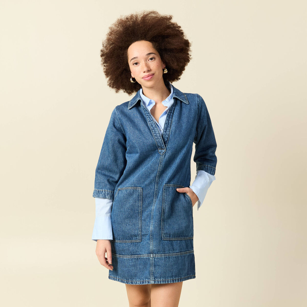 Robe droite courte en coton col v denim stone femme
