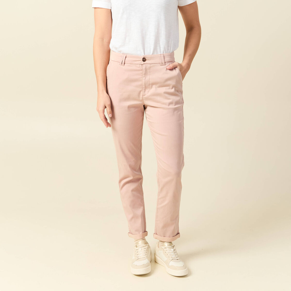 Chino cigarette 7/8&egrave;me taille haute rose clair femme