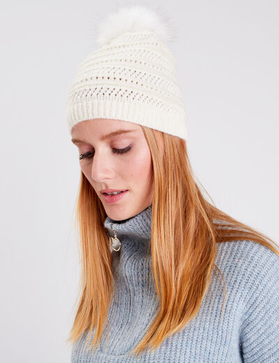 Bonnet à pompon ecru femme
