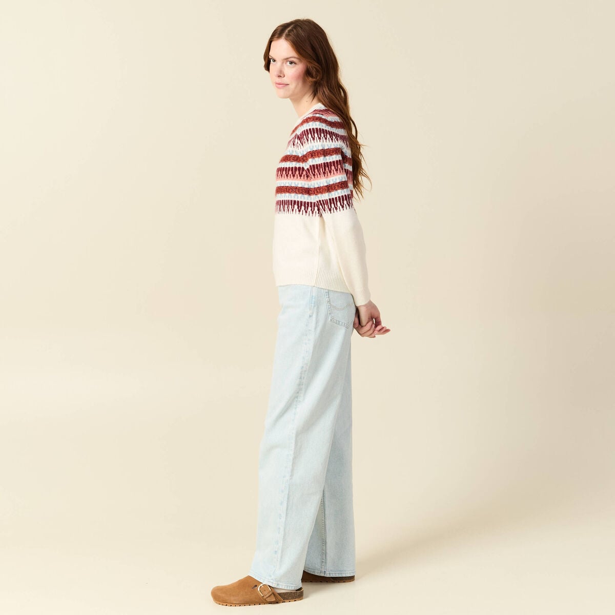 Pull manches longues col rond ecru femme