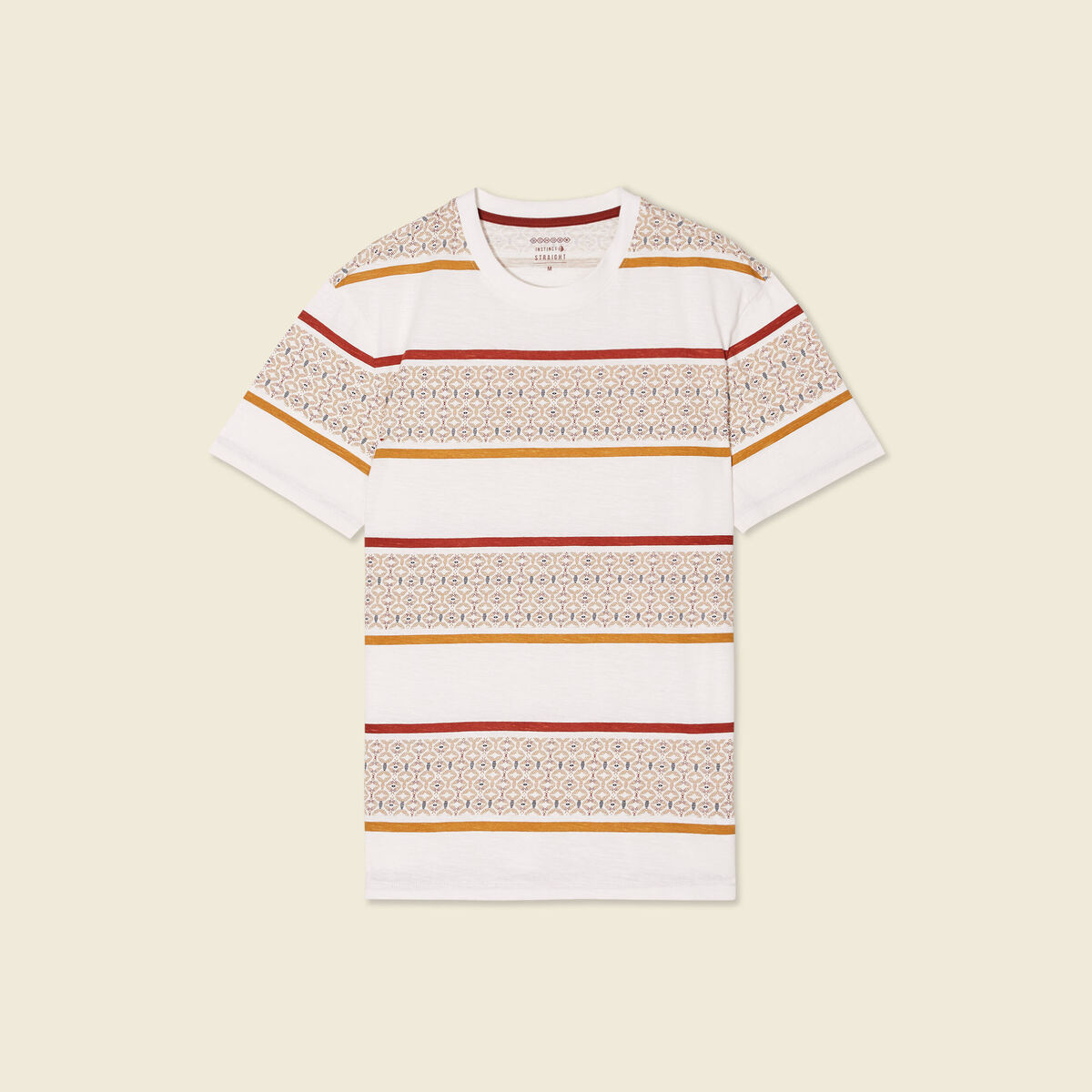 T-shirt ray&eacute; col rond manches courtes ecru homme