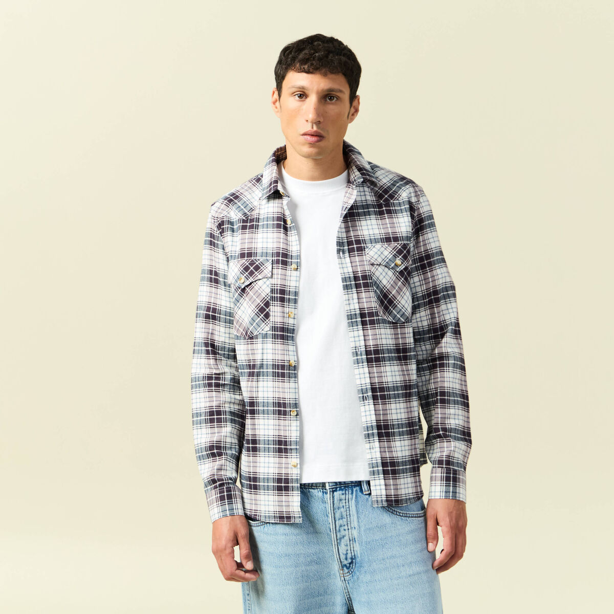 Chemise &agrave; carreaux manches longues ecru homme