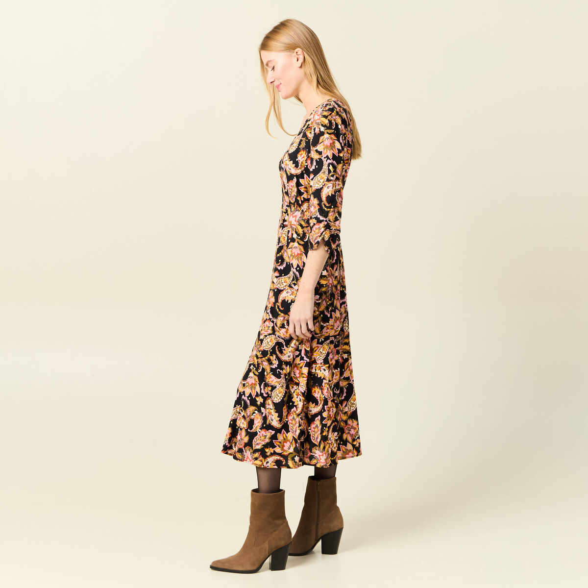 Robe midi évasée manches 3/4 noir femme