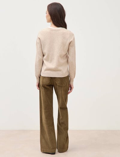 Pull droit col v manches longues creme femme