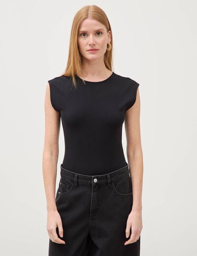 Body ajust&eacute; col rond manches d&eacute;bardeur noir femme