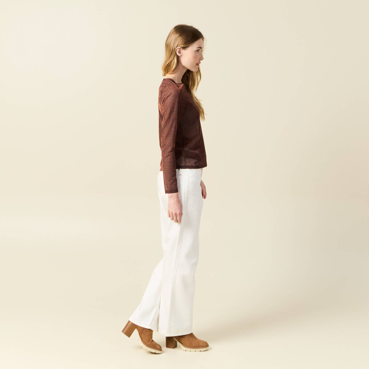 T-shirt manches longues marron cognac femme