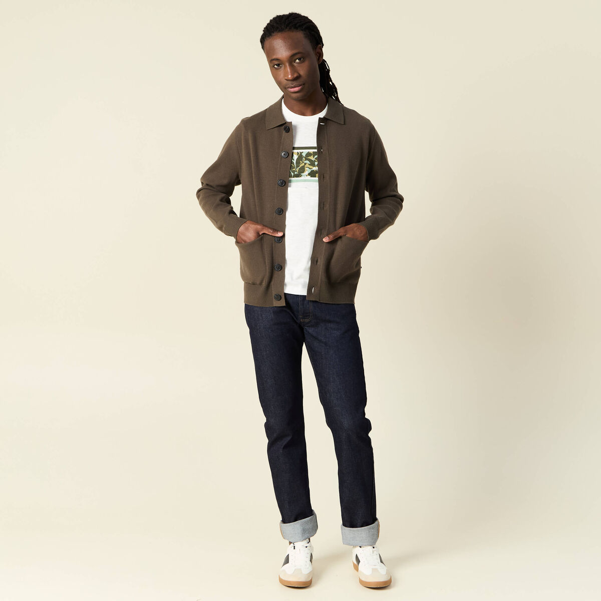 T-shirt coupe droite en coton col rond vert olive homme