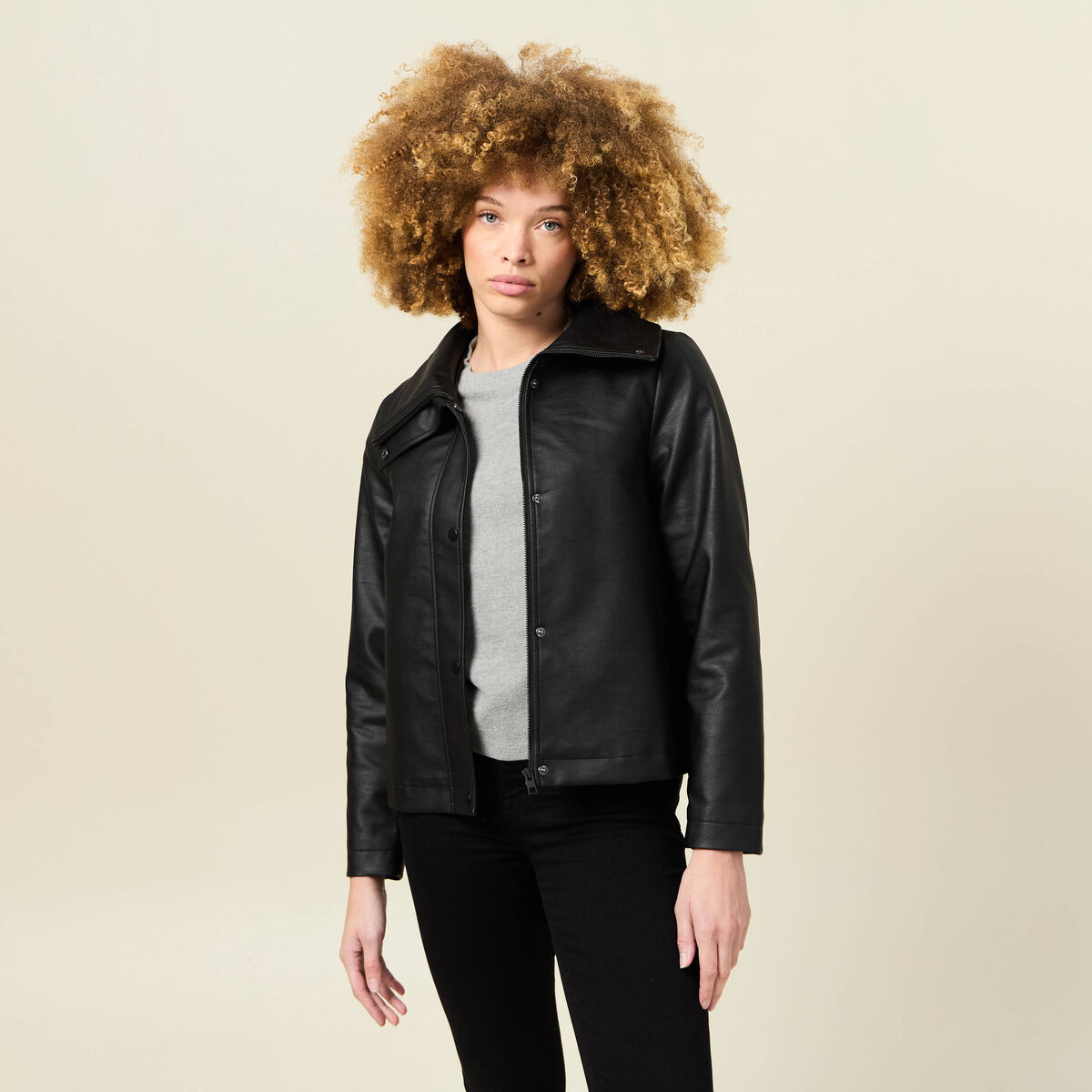 Blouson biker simili cuir noir femme