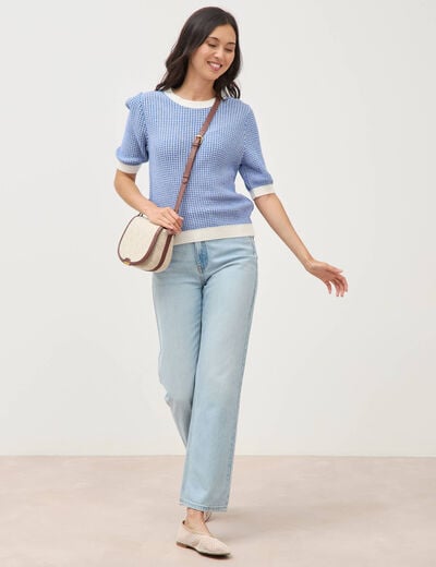 Pull droit court manches courtes bleu electrique femme