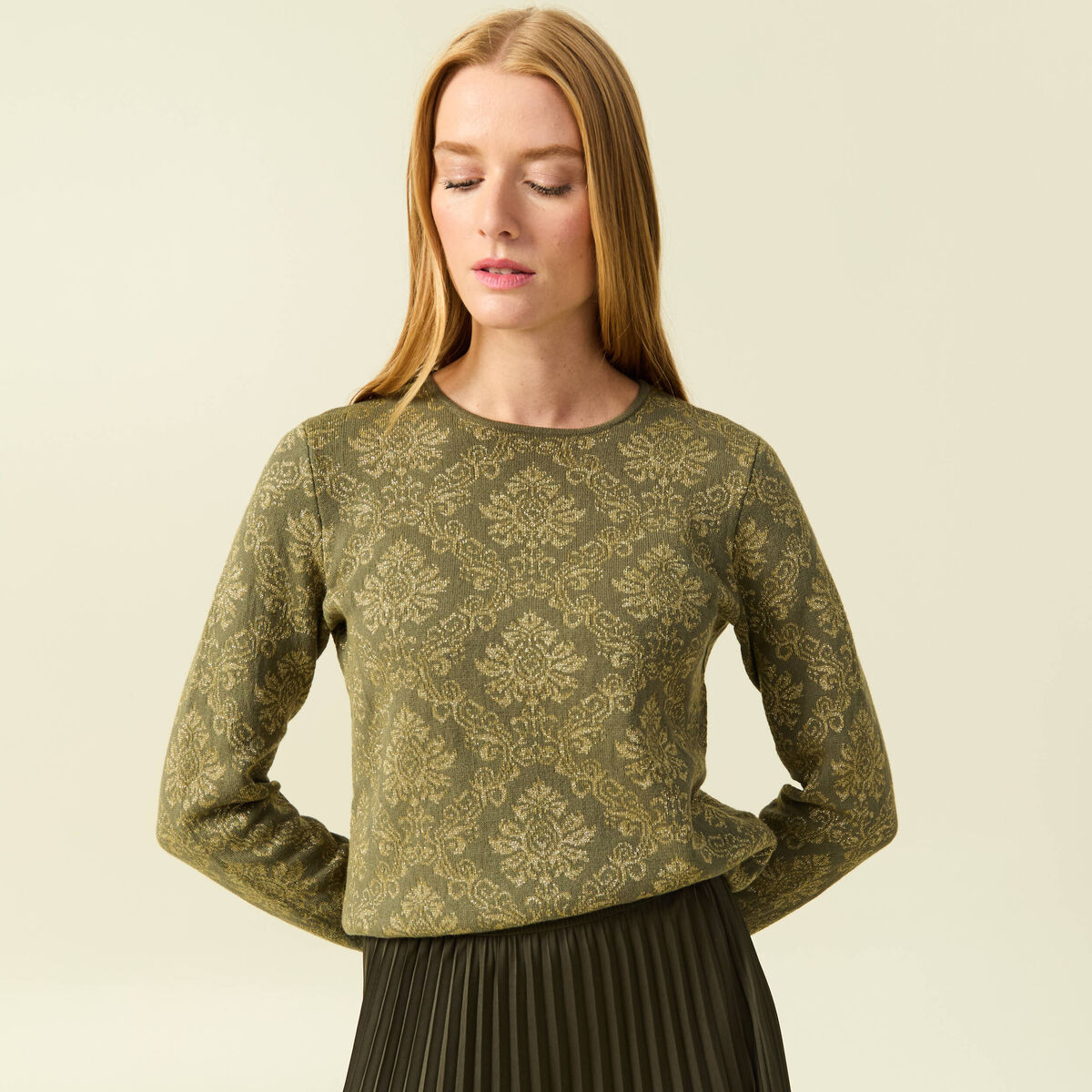 Pull manches longues col rond vert kaki femme