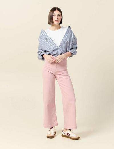 Pantalon large taille haute en jeans rose clair femme