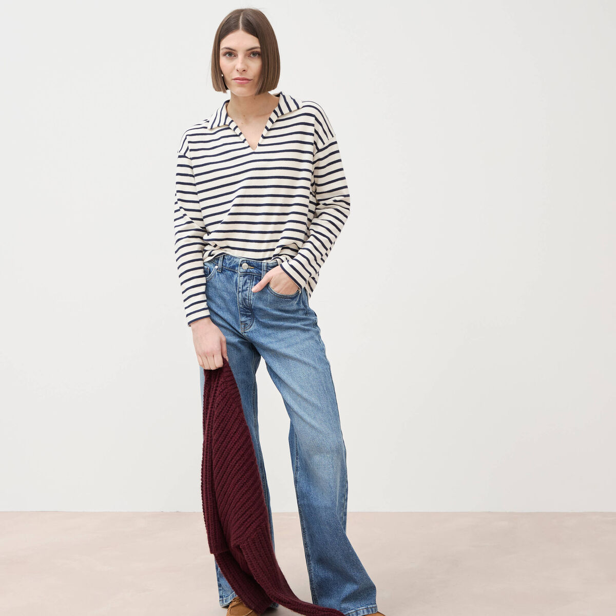 Jeans large taille haute denim stone femme