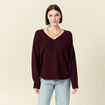 Pull manches longues col en V prune femme