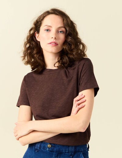 T-shirt col rond manches courtes marron femme