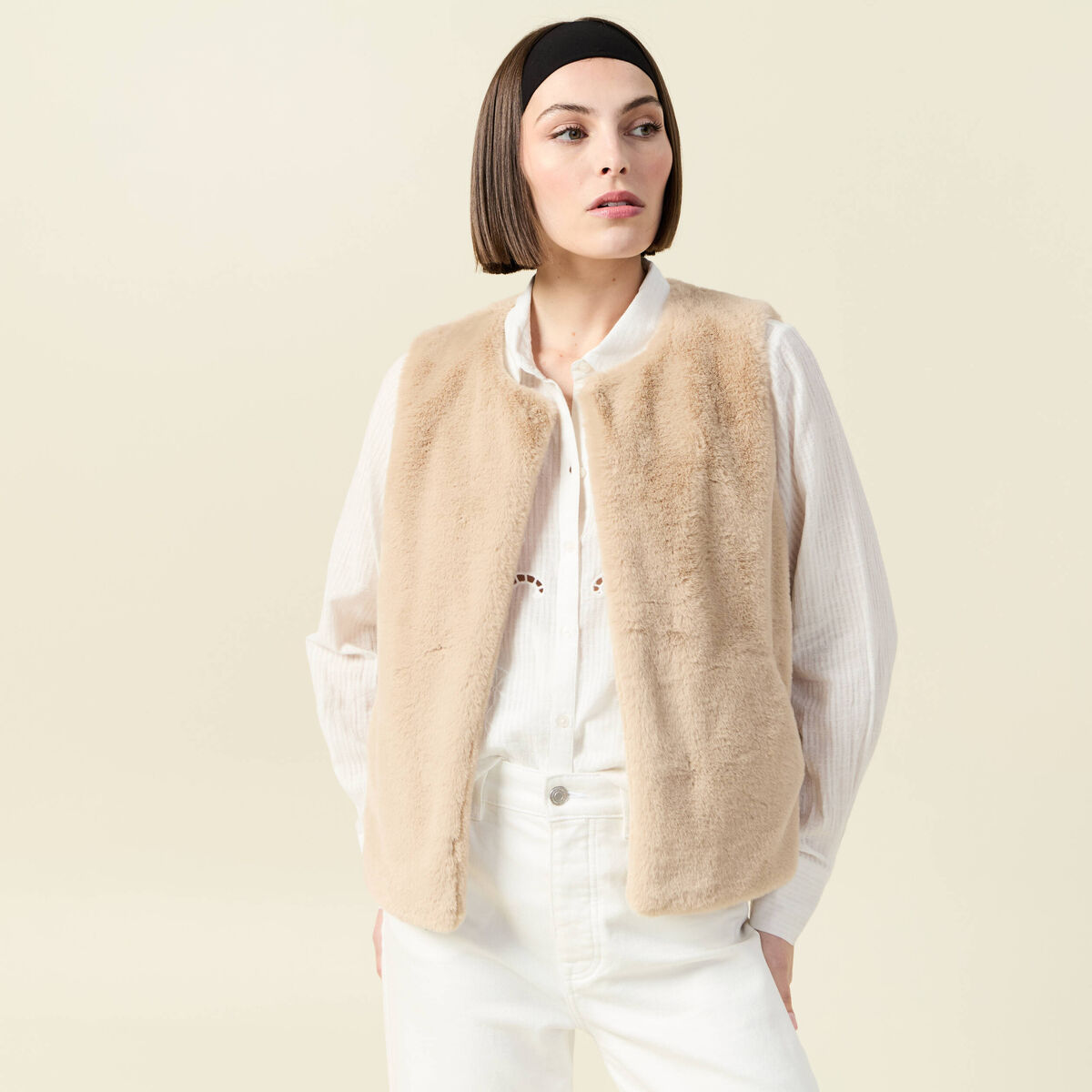 Gilet sans manches doubl&eacute; beige femme