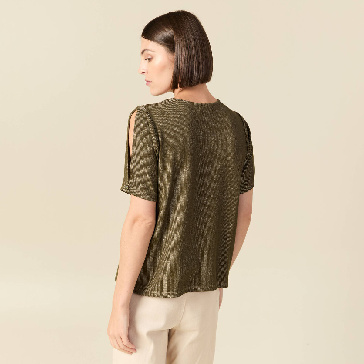 T-shirt manches courtes brillant vert kaki femme