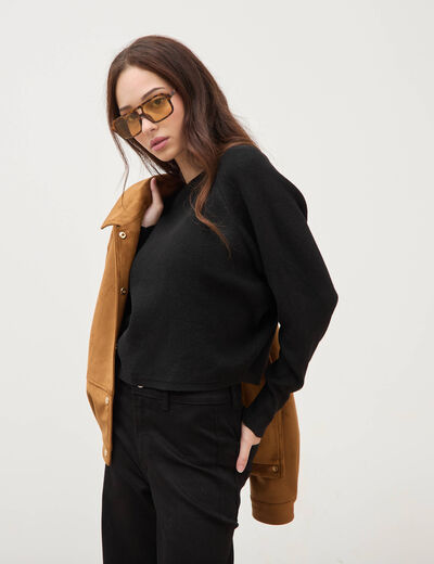 Pull droit col bateau manches longues noir femme