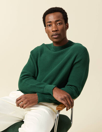 Pull col rond manches longues en coton vert homme