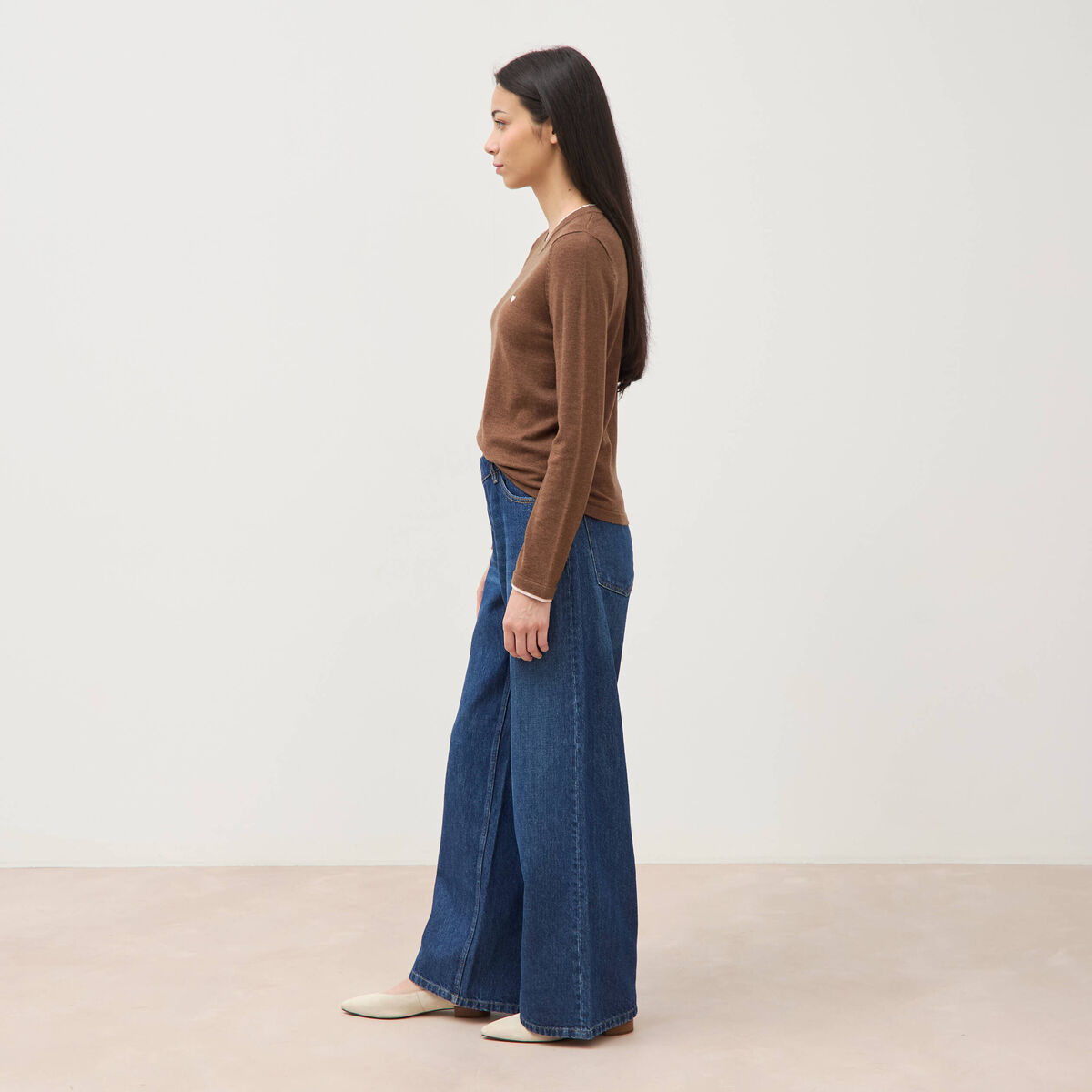 Pull fin col rond manches longues marron femme