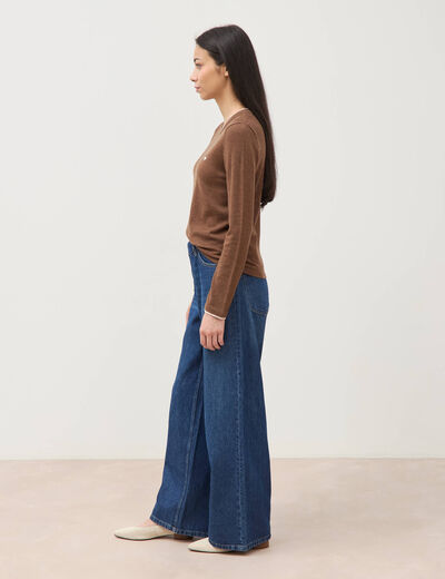 Pull fin col rond manches longues marron femme