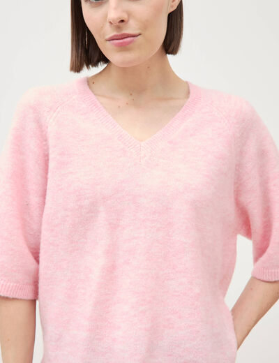 Pull droit court col v manches courtes rose clair femme