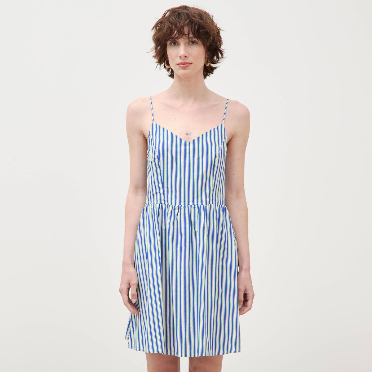 Robe bretelle col c&oelig;ur en coton bleu femme