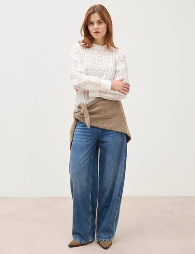 Blouse cintr&eacute;e dentelle manches longues ecru femme