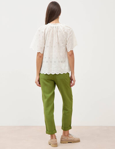 Blouse col v manches 3/4 en coton brod&eacute;e ecru femme