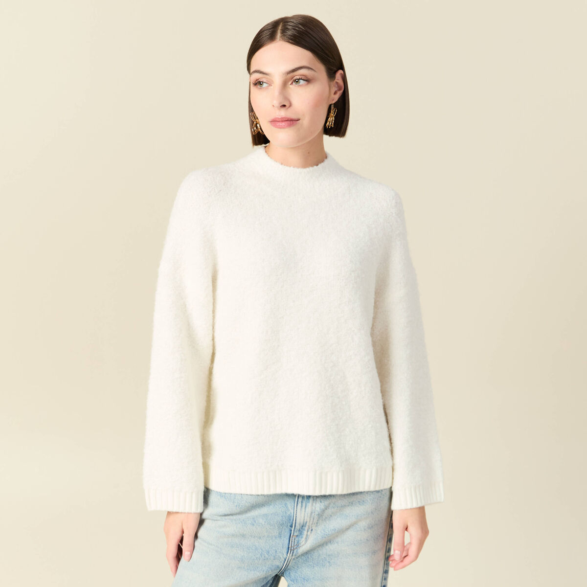 Pull manches longues col montant ivoire femme
