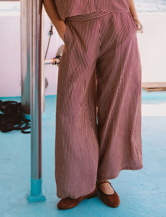 Pantalon large taille haute ray&eacute; violet femme