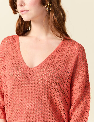 Pull ajour&eacute; col v manches 3/4 rouge fonc&eacute; femme