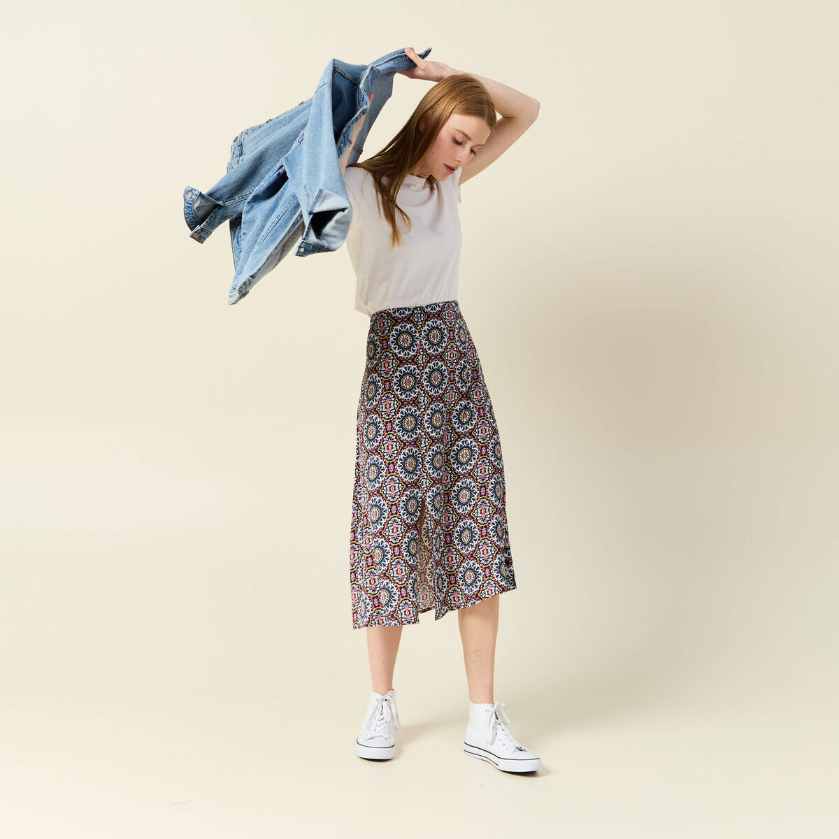 Jupe midi droite fendue bleu marine femme