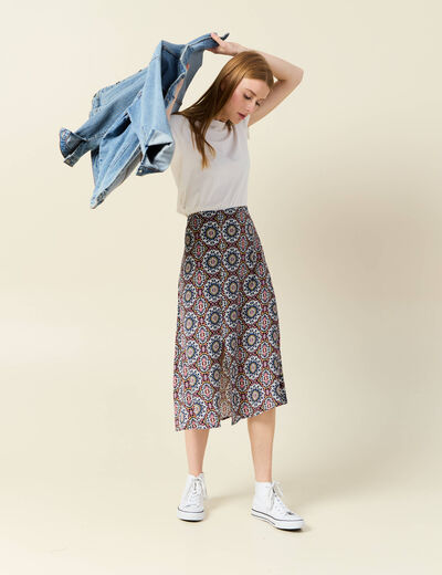 Jupe midi droite fendue bleu marine femme