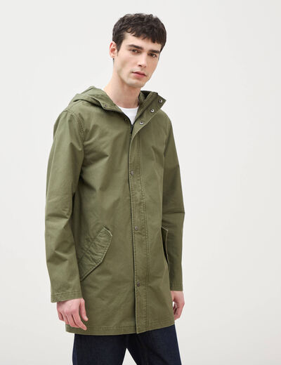 Parka droite mi-longue &agrave; capuche vert kaki homme