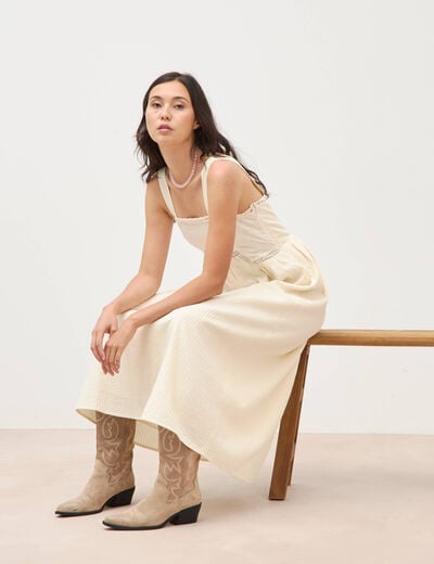 Robe en coton &agrave; bretelles col carr&eacute; ivoire femme
