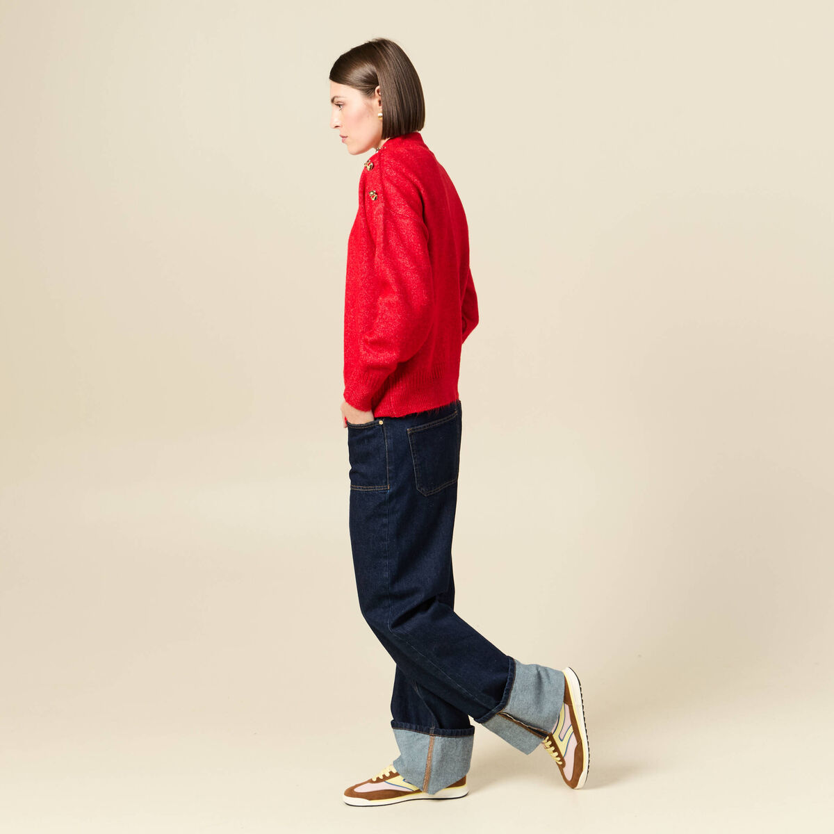 Pull col montant manches longues rouge femme