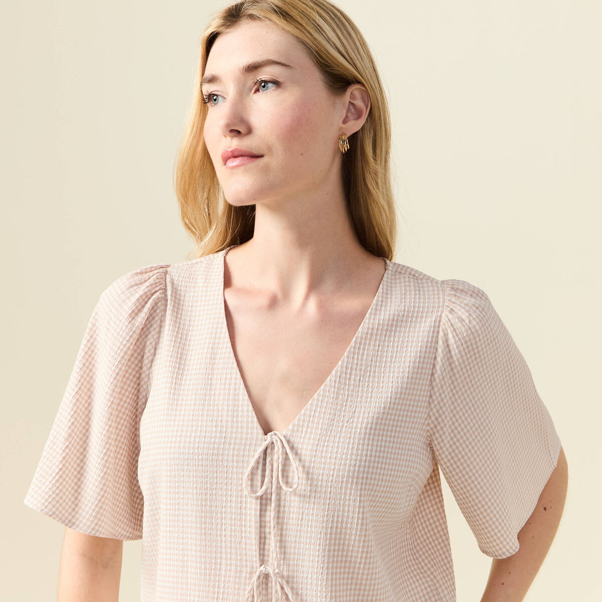 Blouse manches courtes nouée marron clair femme