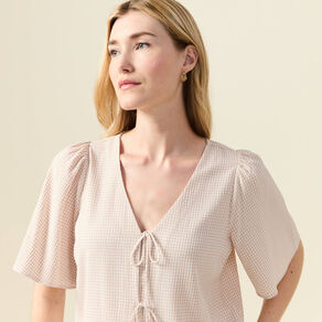 Blouse manches courtes nouée marron clair femme