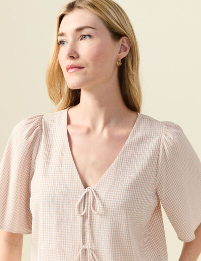 Blouse manches courtes nouée marron clair femme