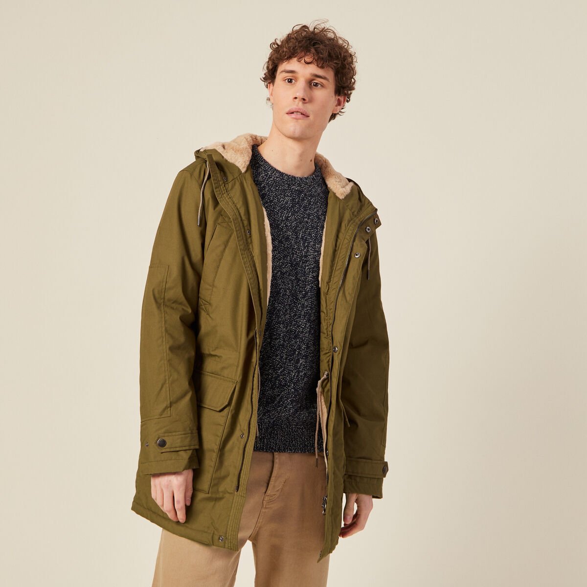Parka droite à capuche camel homme