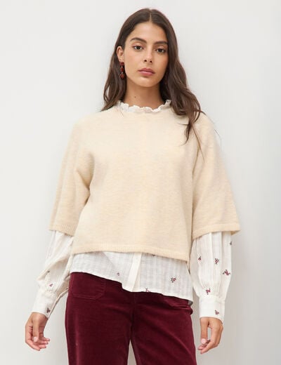 Pull droit col rond manches courtes ivoire femme