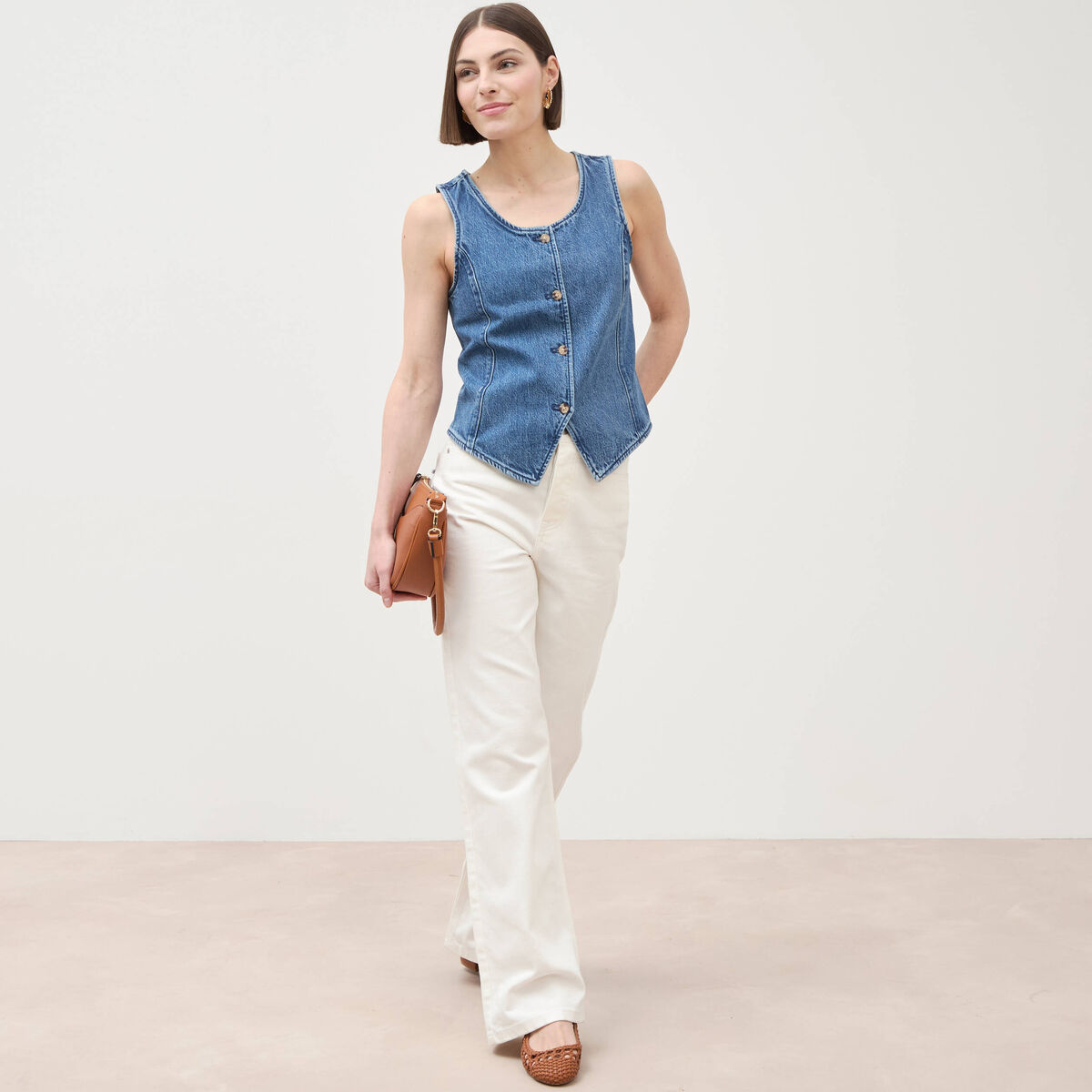 Gilet en jeans sans manches col rond denim used femme