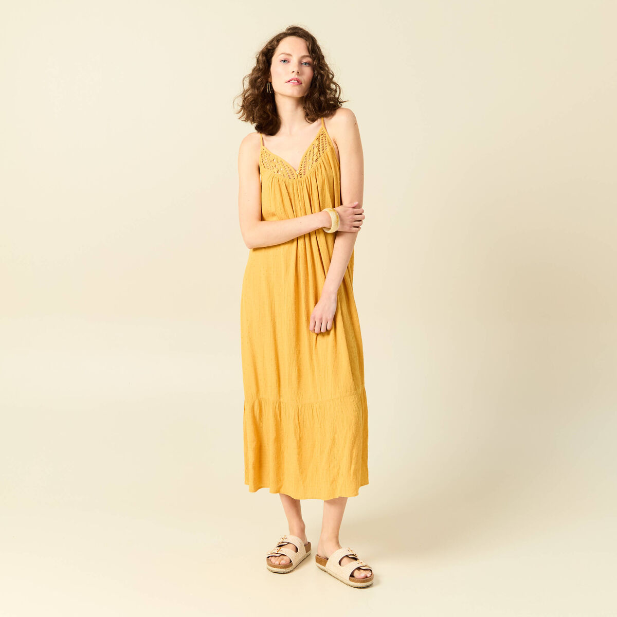 Robe longue évasée fluide jaune femme
