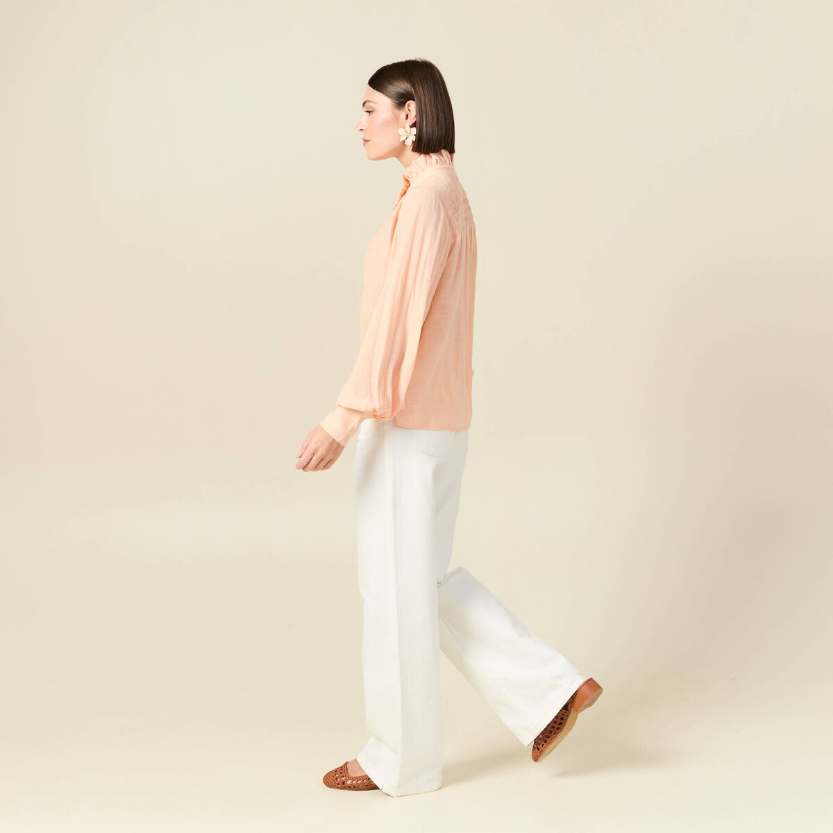 Chemise manches longues col montant rose champagne femme