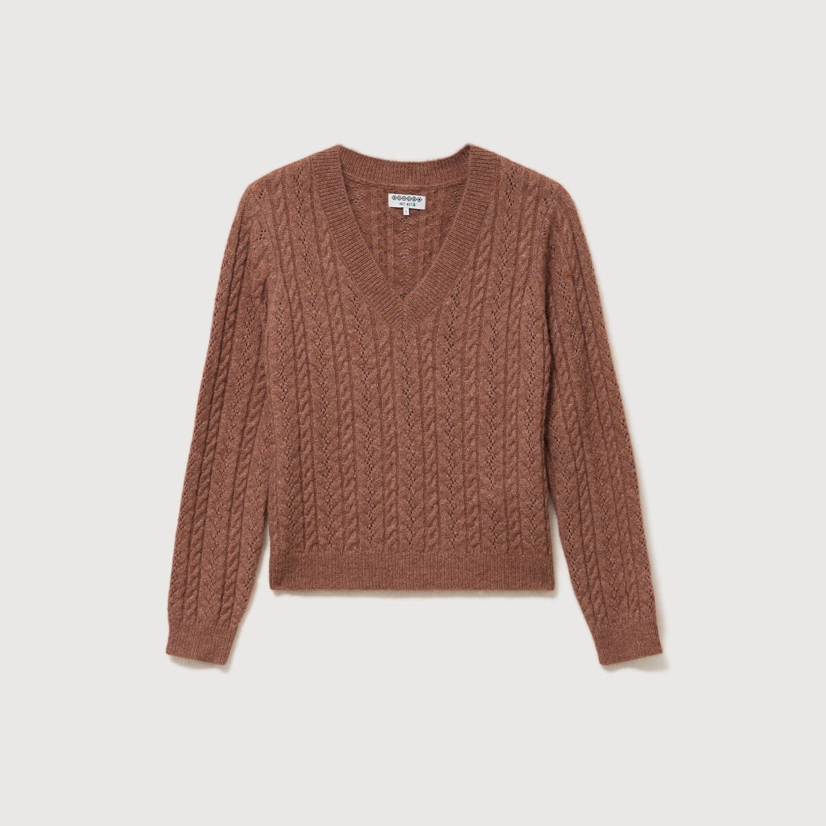 Pull droit col v manches longues marron clair femme