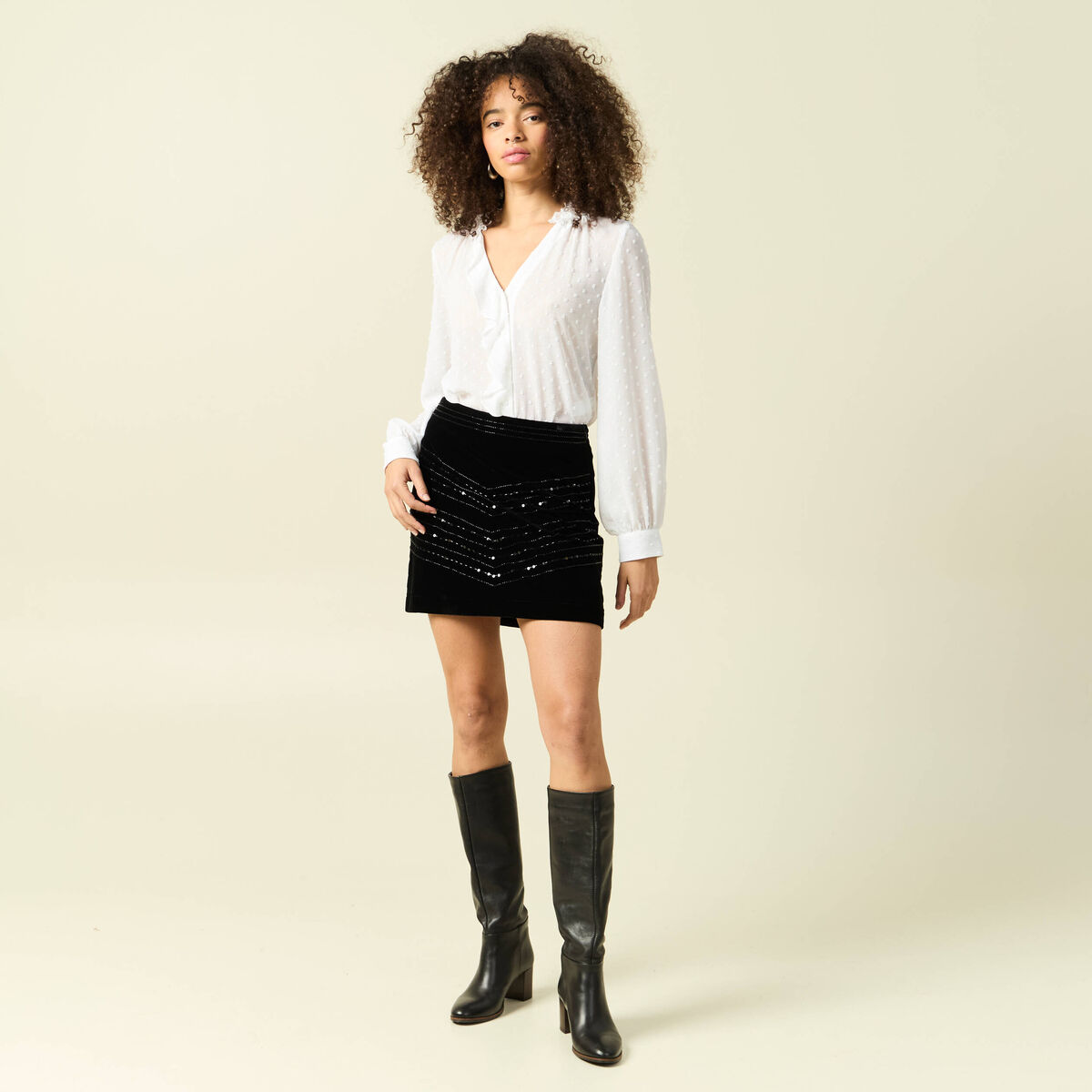 Blouse manches longues col tunisien blanc femme