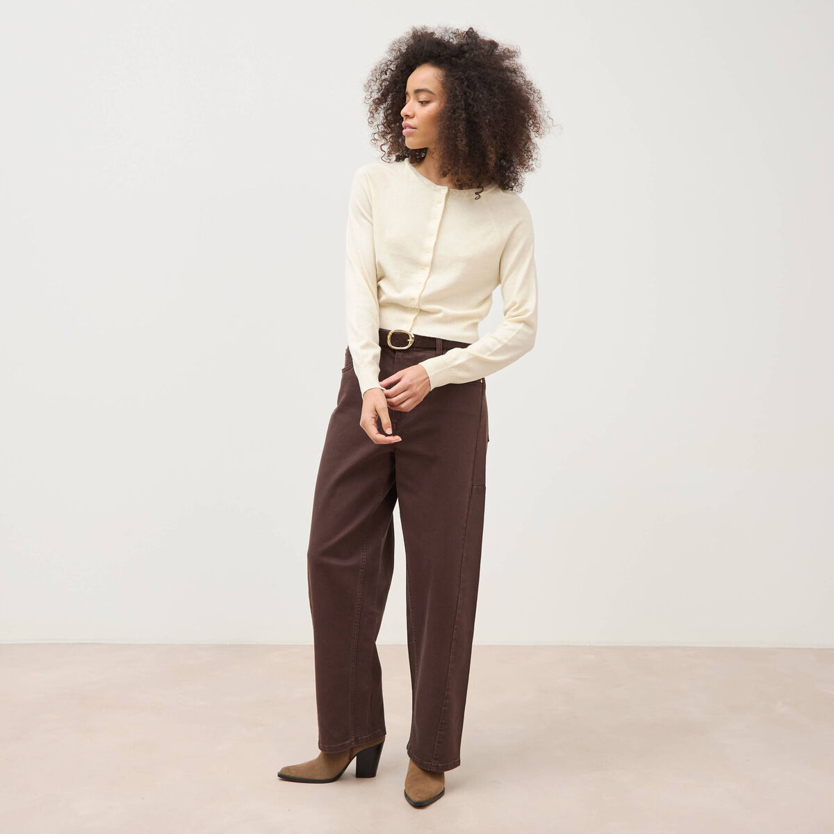 Gilet droit cropped manches longues creme femme