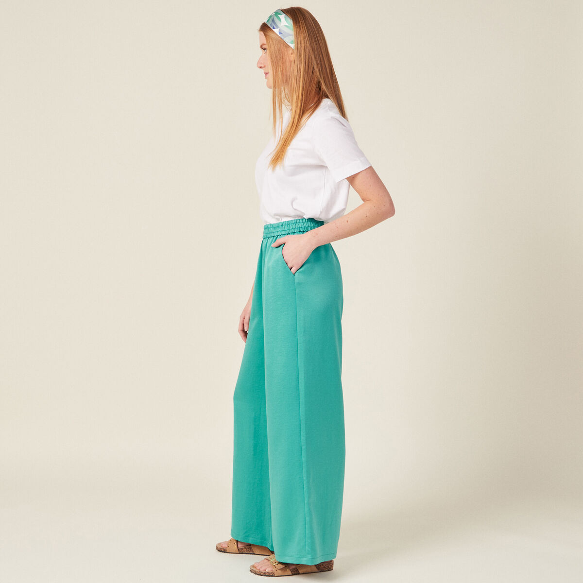 Pantalon large fluide satin bleu turquoise femme