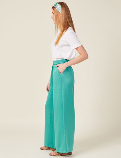 Pantalon large fluide satin bleu turquoise femme