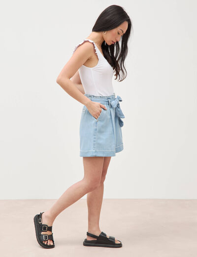 Short taille haute en jeans denim bleach femme